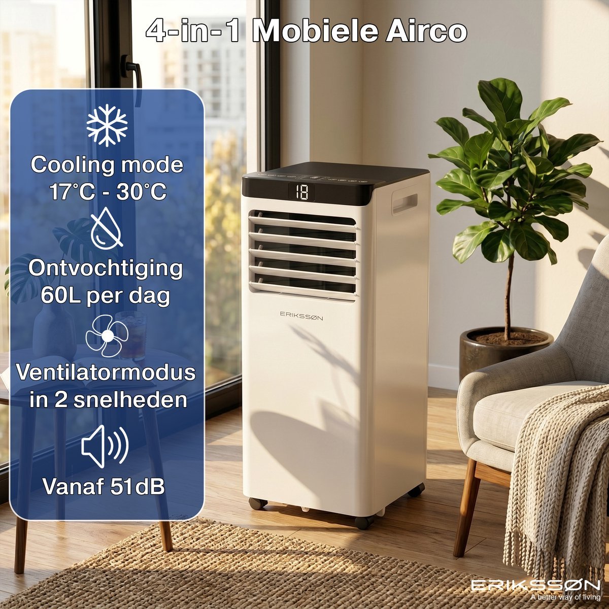 Erikssøn Mobiele Airco - 10.000 BTU - Incl. Raamafdichtingskit- Wit - Erikssøn
