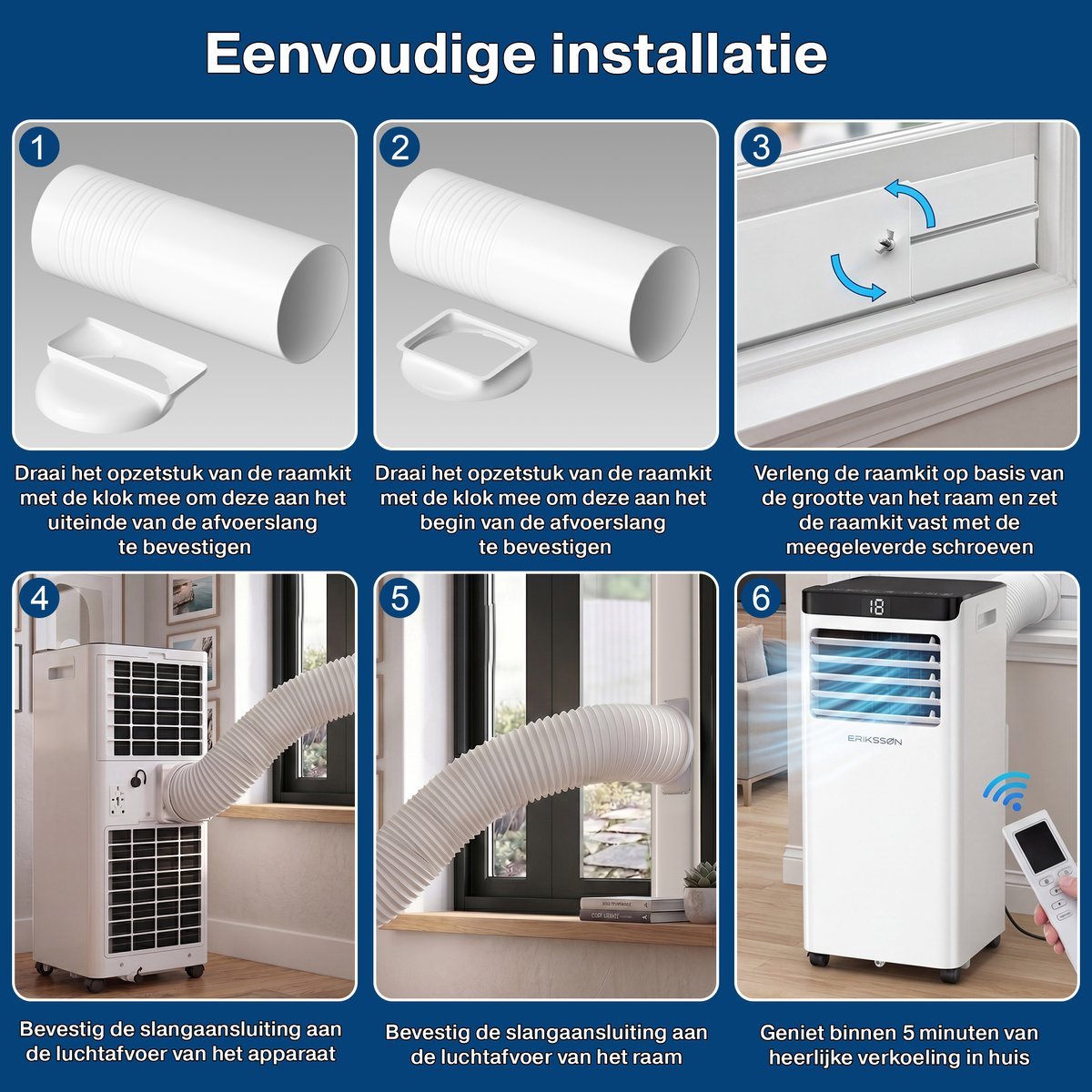 Erikssøn Mobiele Airco - 10.000 BTU - Incl. Raamafdichtingskit- Wit - Erikssøn