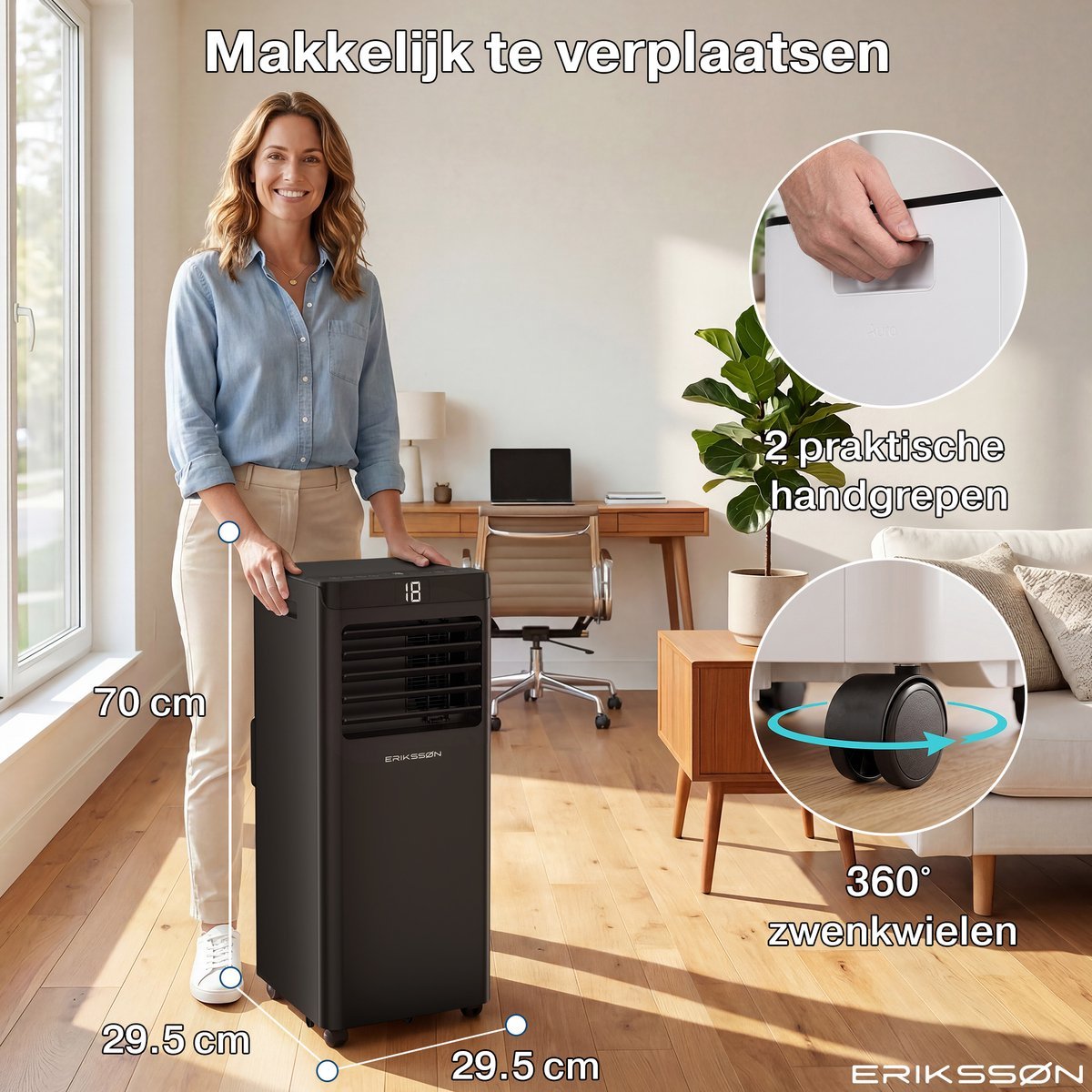 Erikssøn Mobiele Airco - 10.000 BTU - Incl. Raamafdichtingskit- Zwart - Erikssøn