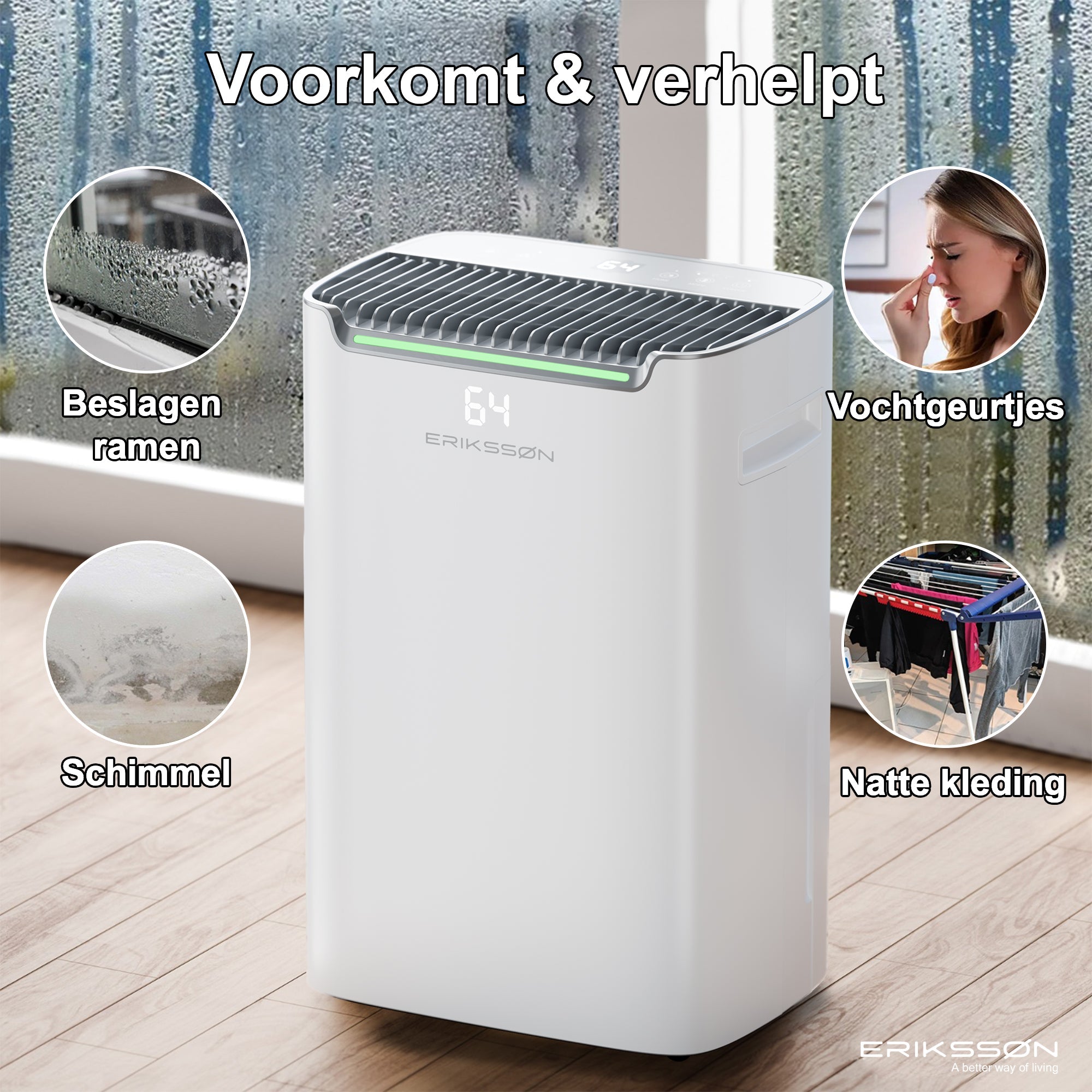 Erikssøn Luchtontvochtiger Dry Pro Plus - Ontvochtigt Tot 20 Liter Per Dag - Was - droog Functie - Wit - Erikssøn