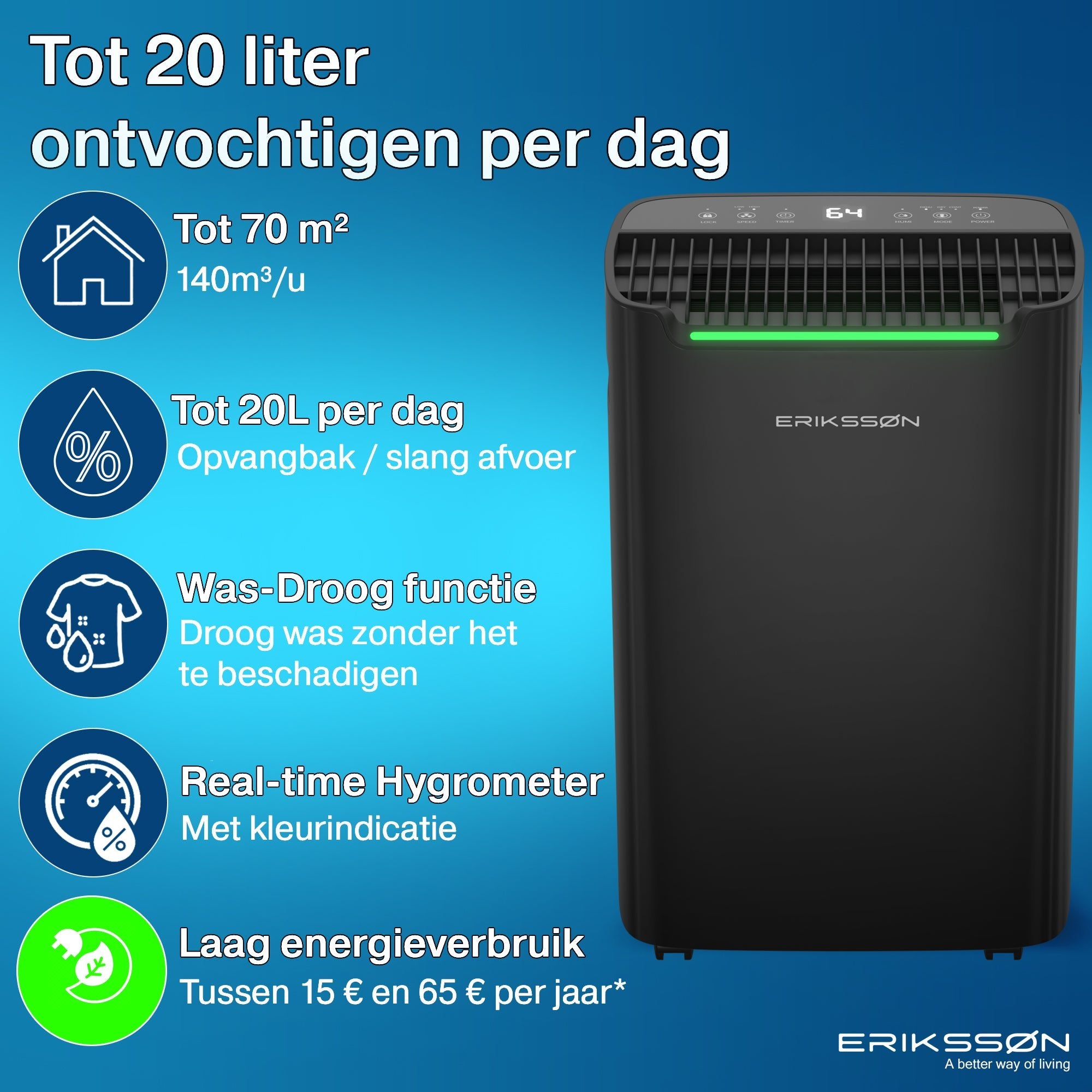 Erikssøn Luchtontvochtiger Dry Pro Plus - Ontvochtigt Tot 20 Liter Per Dag - Was - droog Functie - Zwart - Erikssøn