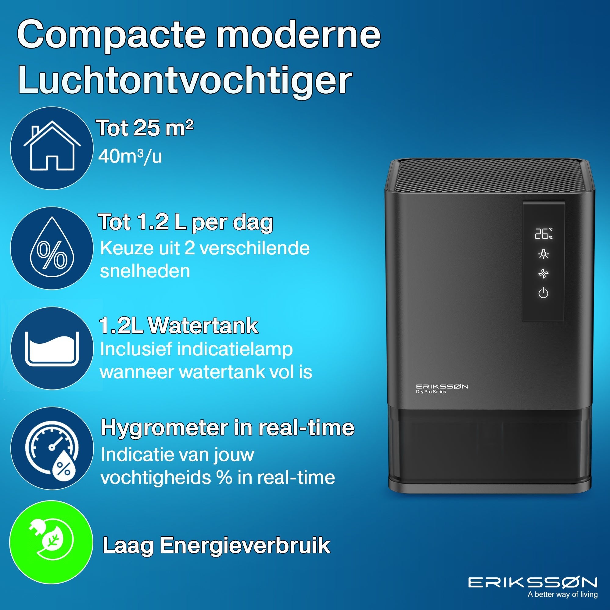 Erikssøn Luchtontvochtiger Dry Pro Series - Tot 1.2 Liter / dag - Zwart - Erikssøn