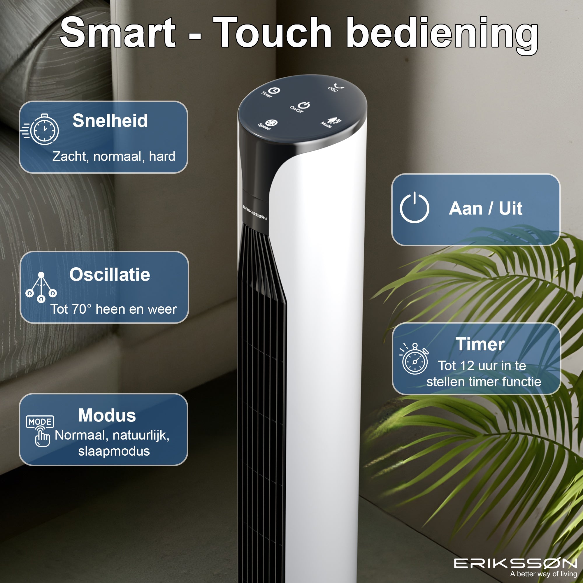 Erikssøn Torenventilator - Silent Comfort Series - Staande Ventilator met Afstandsbediening - Timer - 55W - 39 dB - 106cm - Wit - Erikssøn