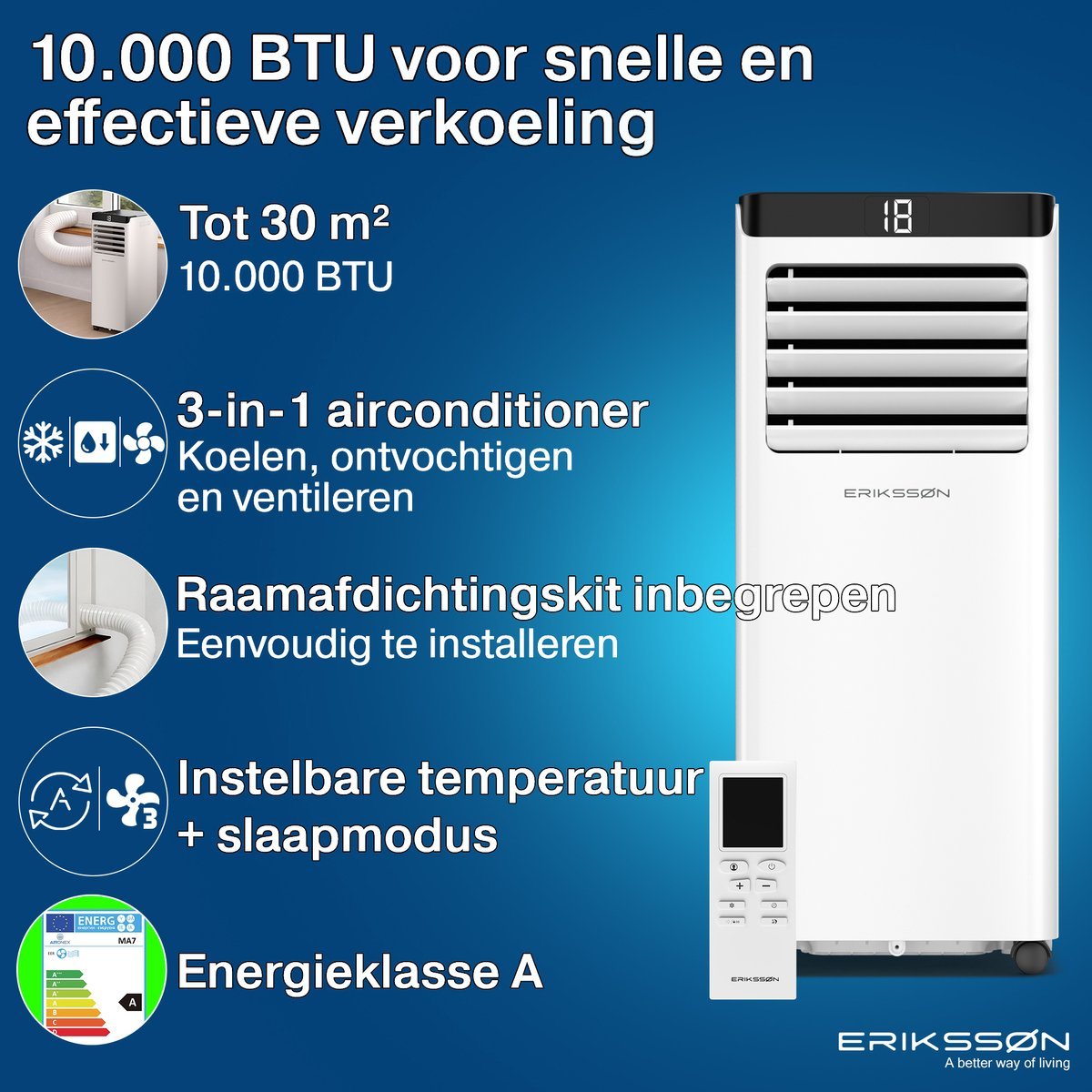 Erikssøn Mobiele Airco - 10.000 BTU - Incl. Raamafdichtingskit- Wit - Erikssøn