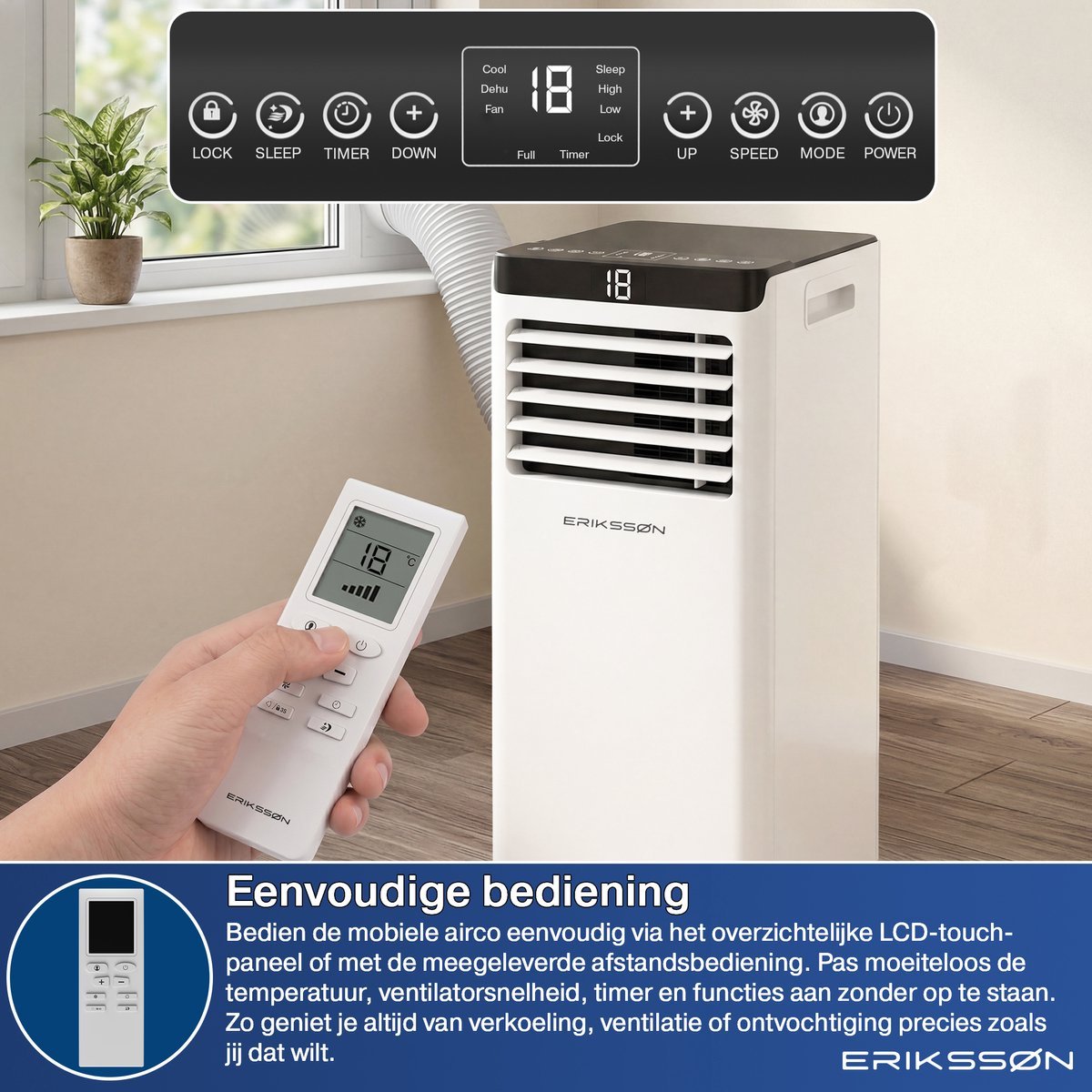 Erikssøn Mobiele Airco - 10.000 BTU - Incl. Raamafdichtingskit- Wit - Erikssøn