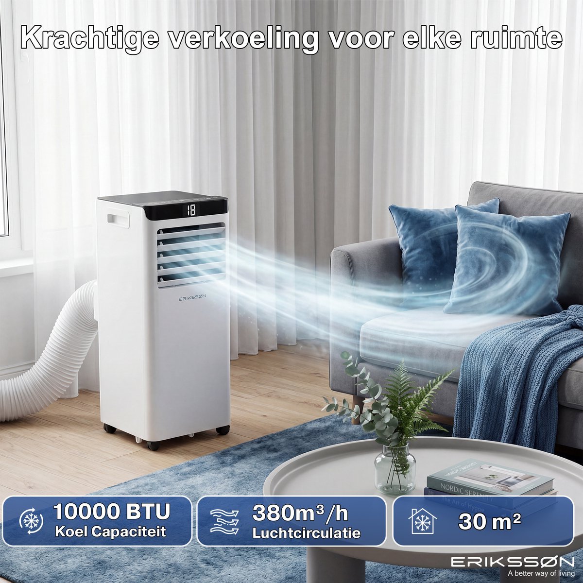 Erikssøn Mobiele Airco - 10.000 BTU - Incl. Raamafdichtingskit- Wit - Erikssøn