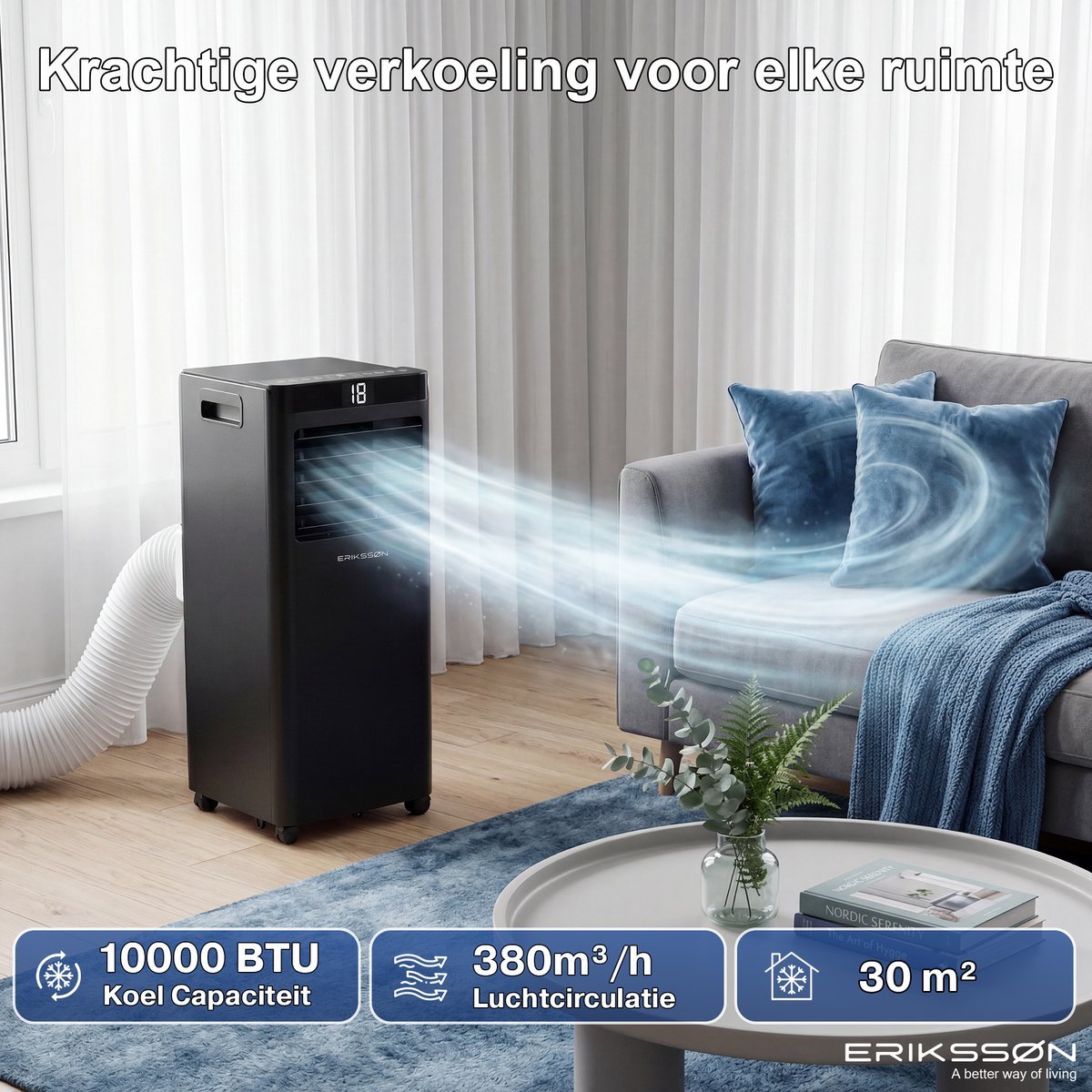 Erikssøn Mobiele Airco - 10.000 BTU - Incl. Raamafdichtingskit- Zwart - Erikssøn