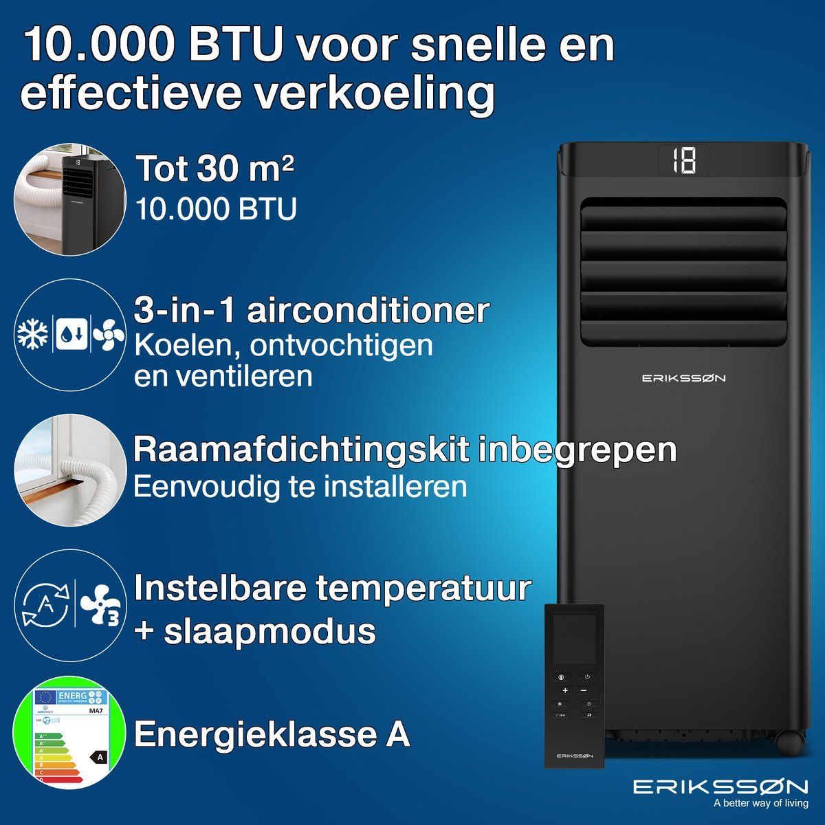 Erikssøn Mobiele Airco - 10.000 BTU - Incl. Raamafdichtingskit- Zwart - Erikssøn