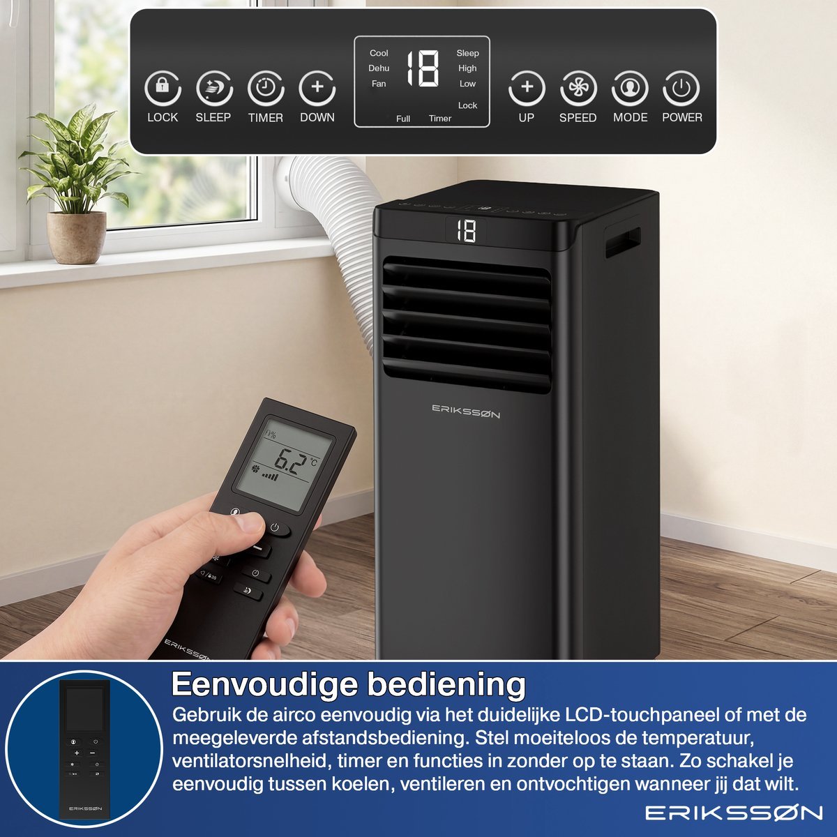 Erikssøn Mobiele Airco - 10.000 BTU - Incl. Raamafdichtingskit- Zwart - Erikssøn