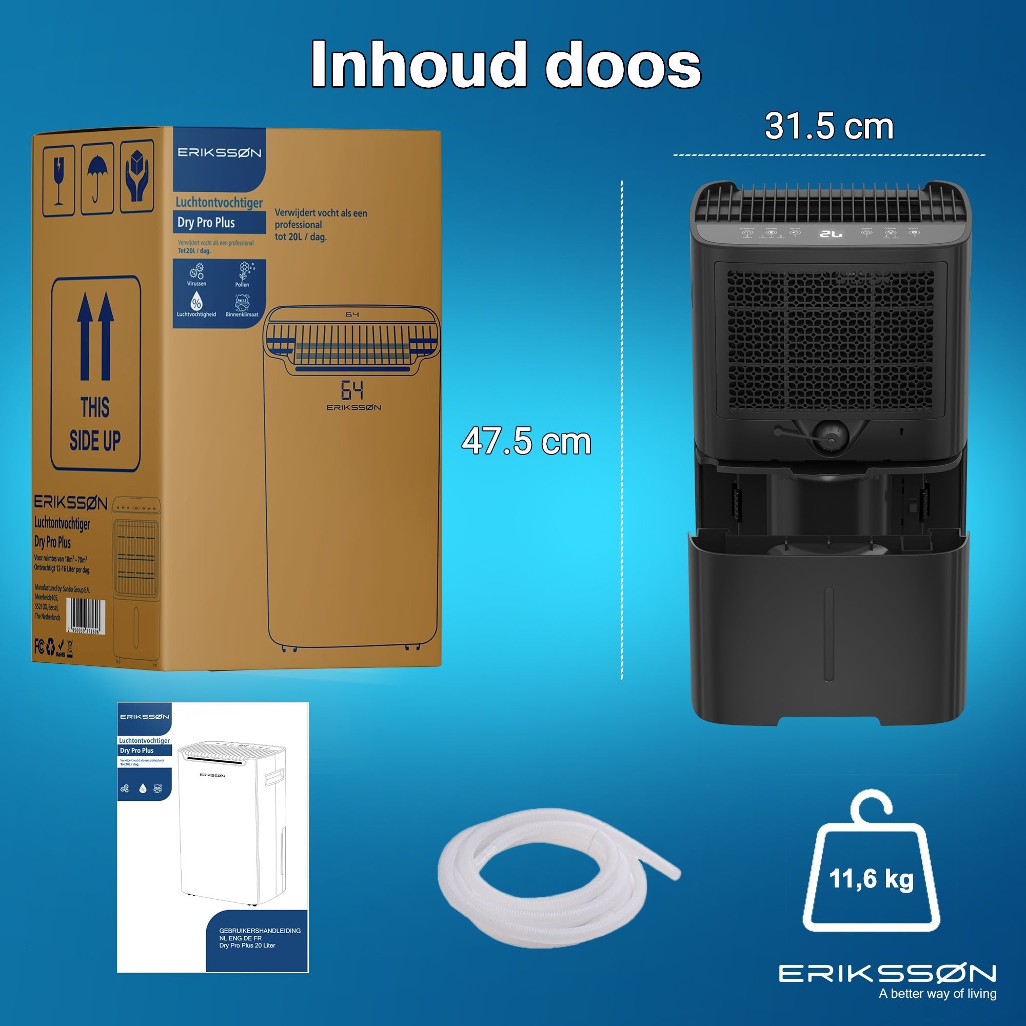 Erikssøn Luchtontvochtiger Dry Pro Plus - Ontvochtigt Tot 20 Liter Per Dag - Was - droog Functie - Zwart - Erikssøn