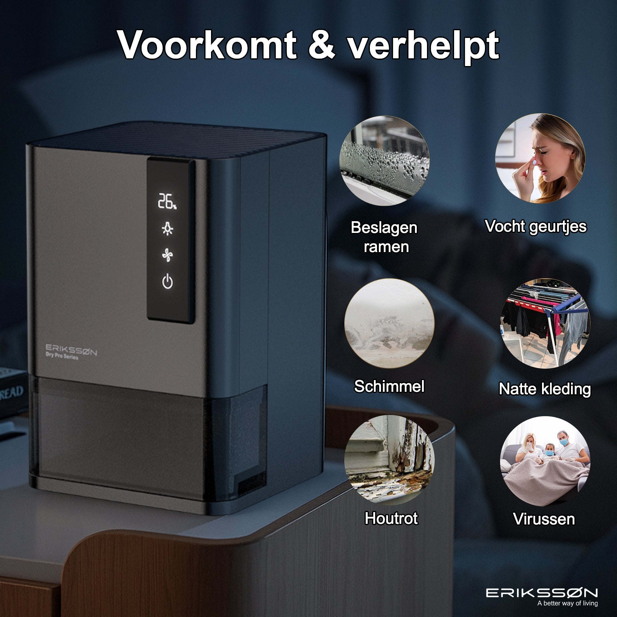 Erikssøn Luchtontvochtiger Dry Pro Series - Tot 1.2 Liter / dag - Zwart - Erikssøn
