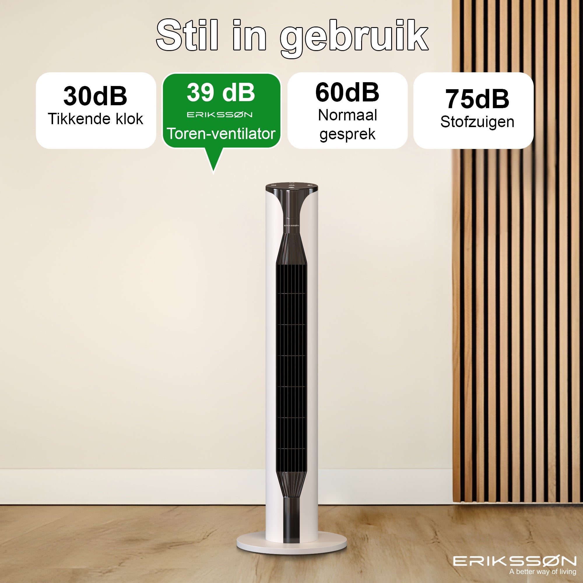 Erikssøn Torenventilator - Silent Comfort Series - Staande Ventilator met Afstandsbediening - Timer - 55W - 39 dB - 106cm - Wit - Erikssøn